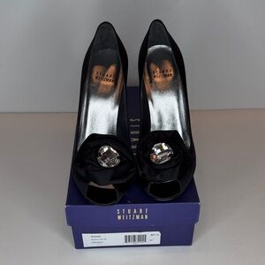 Stuart Weitzman Black Satin Peep-Toe Heels with Crystal Accent